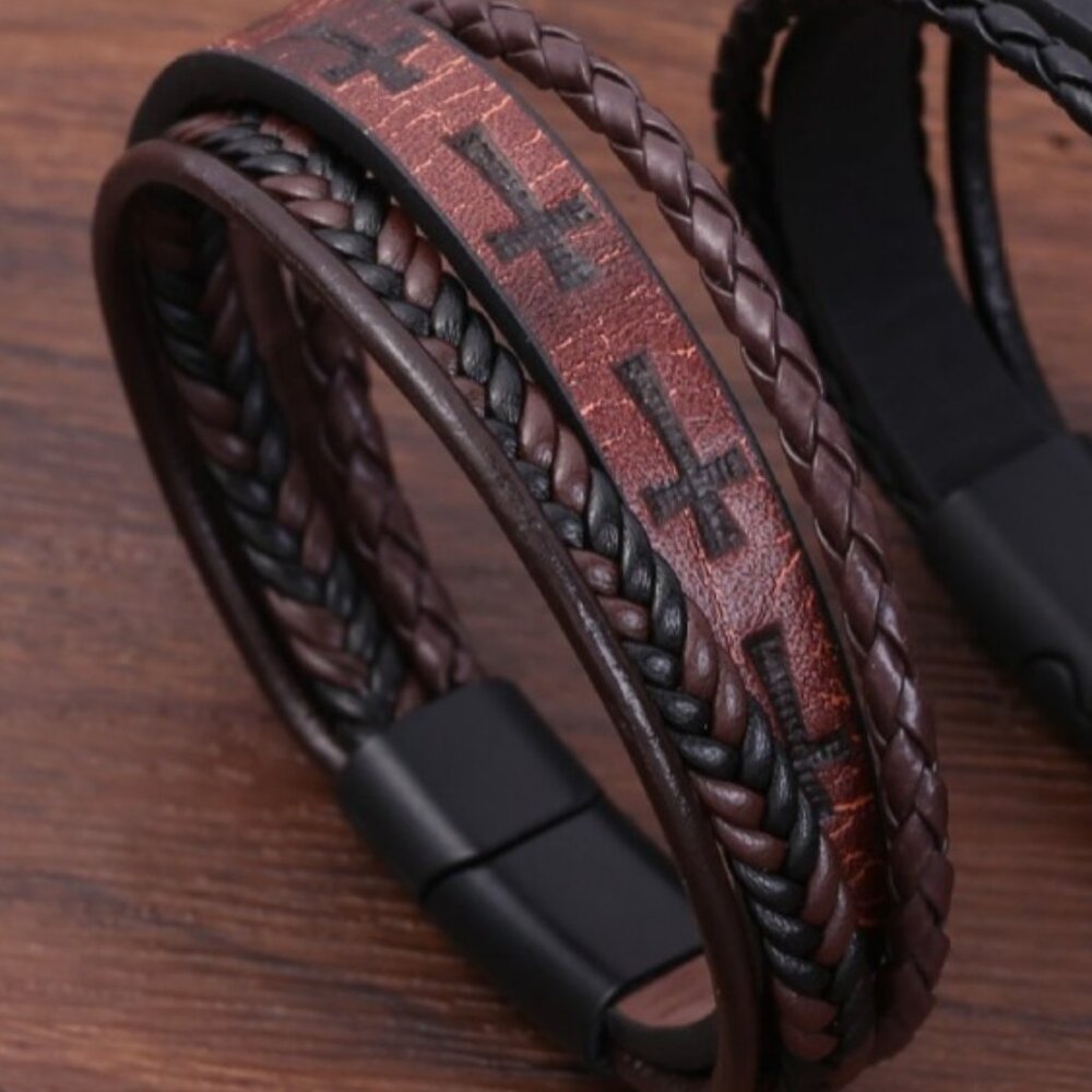 3/$35 Men's Brown Leather Cross Bracelet Magnetic Clasp